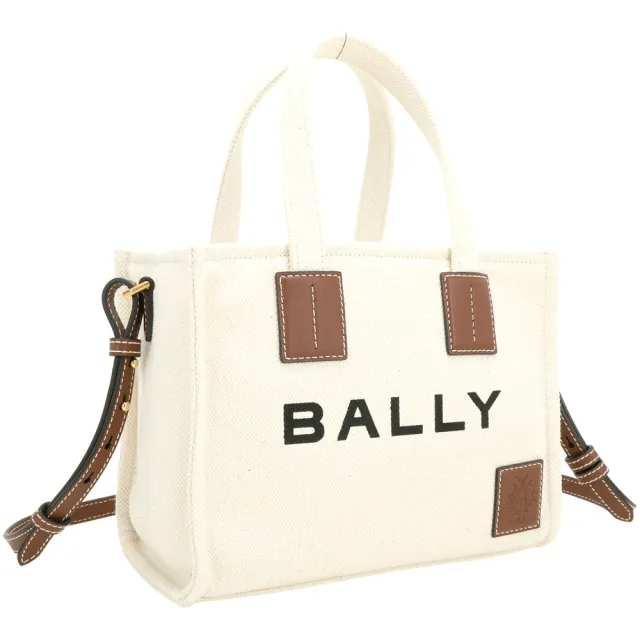 【BALLY】AKELEI 字母皮標 橫式 手提 斜背 帆布托特包-米白色(瑞士精品)
