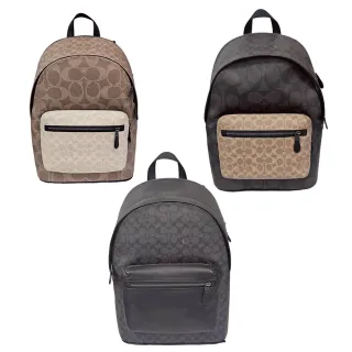 【COACH】COACH WEST經典撞色印花皮革大容量雙層後背包 /棕拚卡其/卡其拚米白(贈原廠防塵袋紙袋)