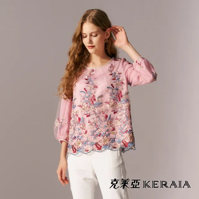 【KERAIA 克萊亞】瑰彩花境優雅網紗刺繡上衣