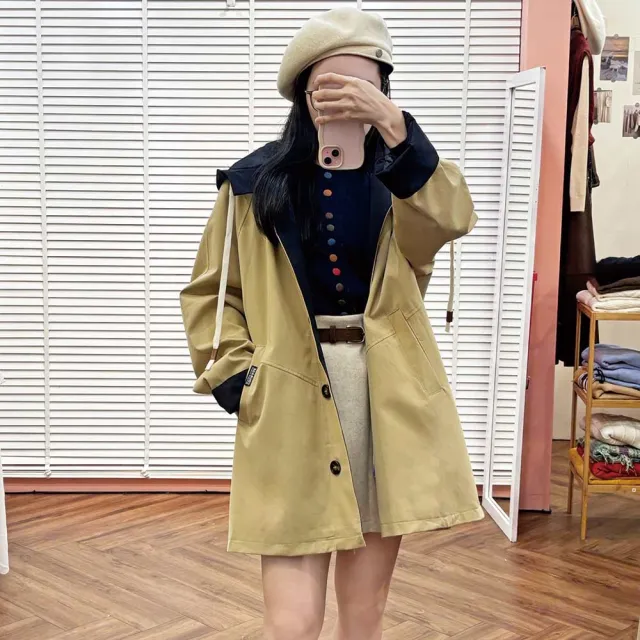 【my stere 我的時尚秘境】雙11 撞色連帽風衣 兩色可選 連帽大衣 工裝風衣 工裝大衣 撞色大衣 冬