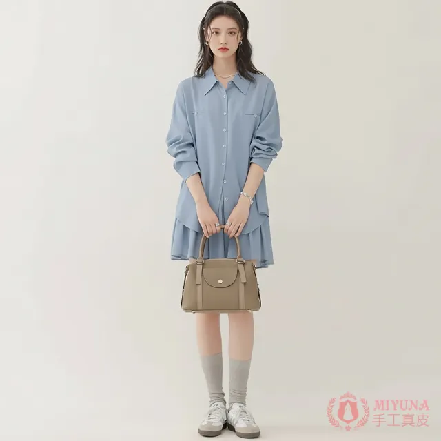 【MIYUNA 米友娜】雙11 真皮頭層牛皮OL波斯頓包手提單肩斜背包(真皮包包 大象灰)
