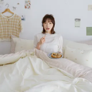 【翔仔居家】雙層紗刺繡 薄被套床包組4件組-繫心(雙人/雙人床包/純棉床包/純棉被套)