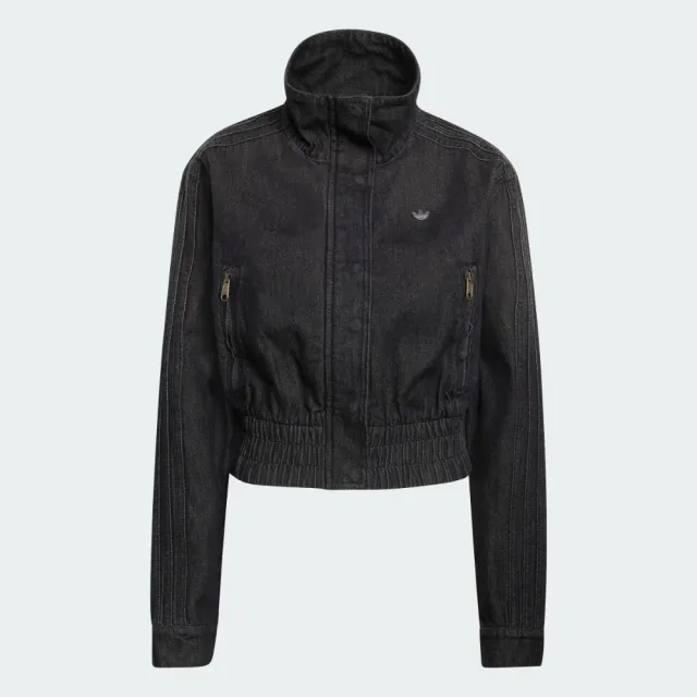 【adidas 愛迪達】外套 女 運動外套 短版 高領牛仔夾克 三葉草 國際碼 P ESS DENIM TT 黑 KD3918