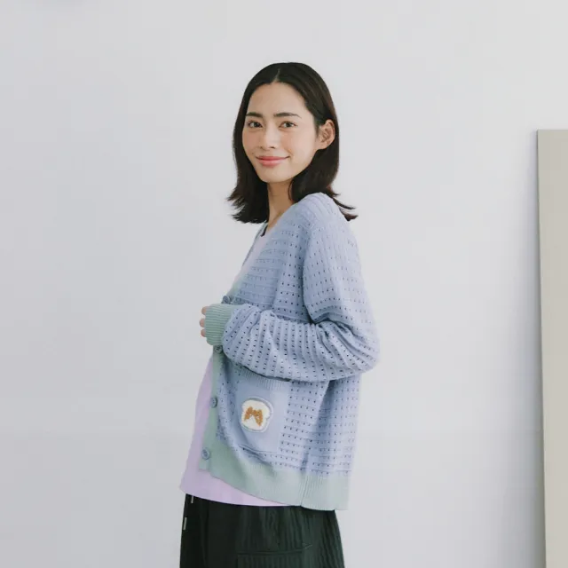 【Dailo】土司貓雙色拼接洞洞長袖針織外套(藍 粉 灰)