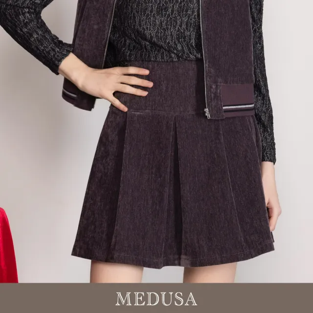 【MEDUSA 曼度莎】現貨-層次復古絨感百褶短裙（M-XL）｜女休閒短裙 復古穿搭 絨布短裙（701-1130C）