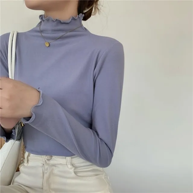 【baibeauty 白鳥麗子】韓系素面薄絨半高領木耳邊保暖長袖上衣