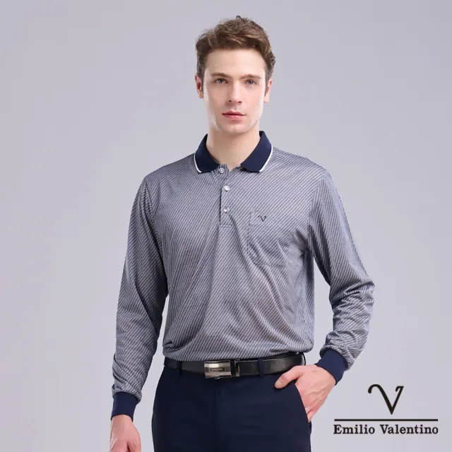 【Emilio Valentino 范倫鐵諾】男 長袖POLO衫 棉質舒適透氣 口袋 上衣 polo 薄長袖_灰(21-5V9883)