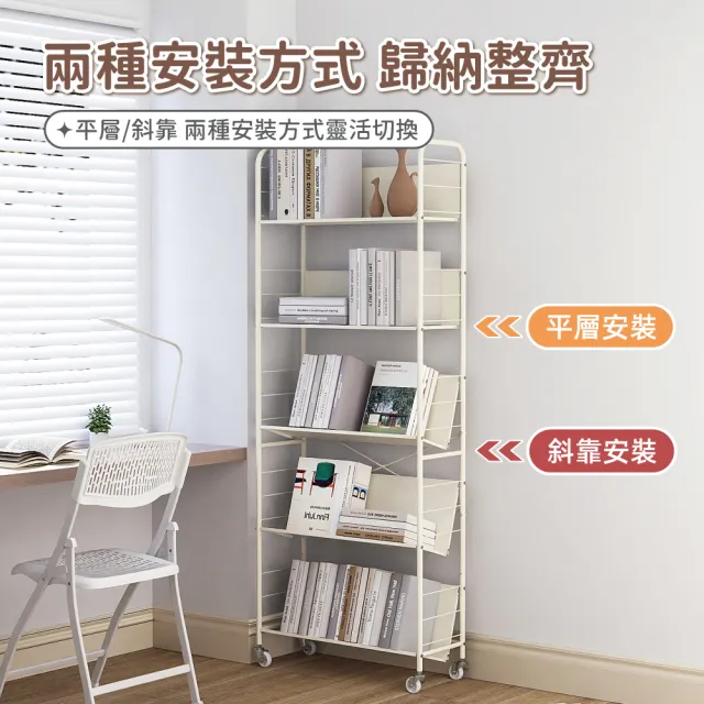 【慢慢家居】專人組裝-升級層板-奶油風超穩固可移動鐵藝五層書架(文件推車 兒童書架 移動書櫃 置物架)