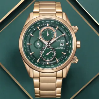 【CITIZEN 星辰】GENTS 廣告款內斂奢華電波光動能計時男錶-綠x金/43mm(AT8263-87X)母親節 禮物
