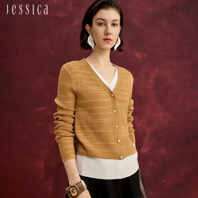 【JESSICA】修身百搭羊毛假兩件針織開衫外套J54405（棕）