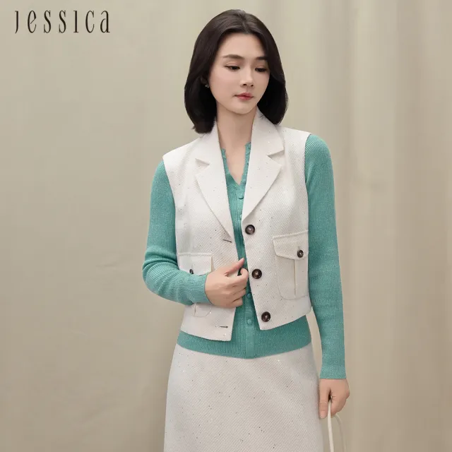 【JESSICA】氣質亮片小香風短款翻領背心J54903