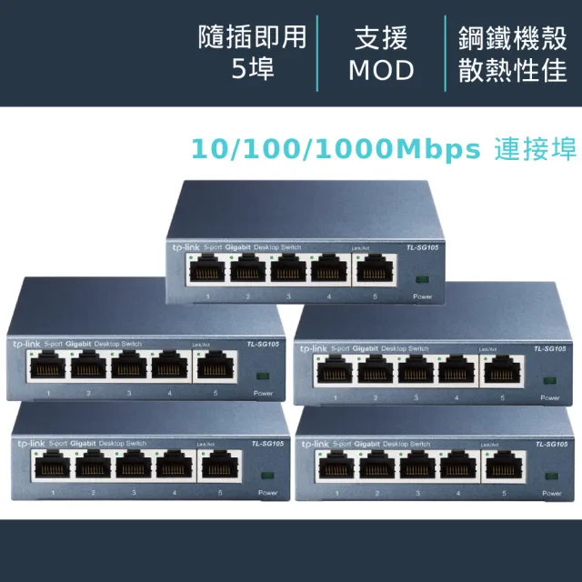 【TP-Link】五入組★5埠 Gigabit 桌上型 10/100/1000Mbps 專業級乙太網路交換器 隨插即用 鋼殼(TL-SG105)