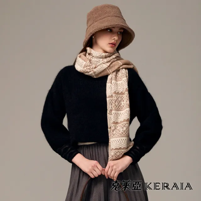 【KERAIA 克萊亞】奶茶蕾絲餅羊絨長圍巾