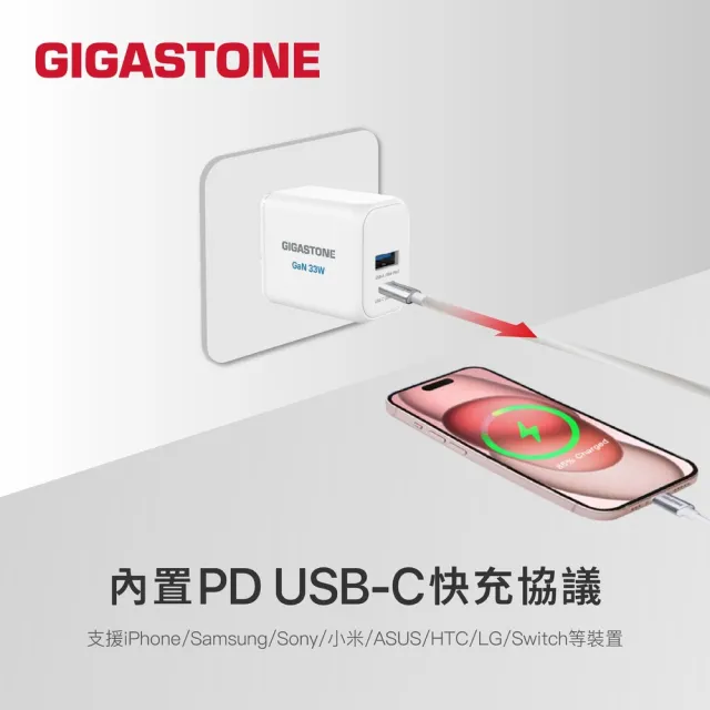 【Gigastone 立達國際】33W GaN氮化鎵兩孔USB-C快充充電器PD-6333W(支援iPhone17/Android/iPad)
