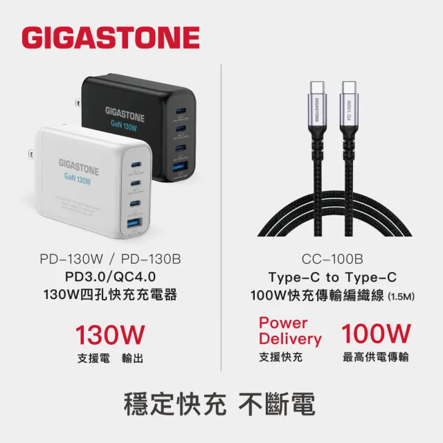 【Gigastone 立達國際】130W 氮化鎵四孔充電器黑+C to C 100W傳輸充電線(iPhone17/MacBook筆電/快充充電頭)