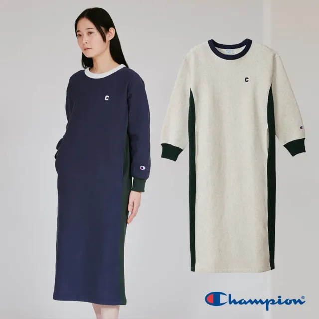 【Champion】官方直營 女款-CASUAL 寬版小C刺繡拼接長袖洋裝-2色 (CW-C005 日規)