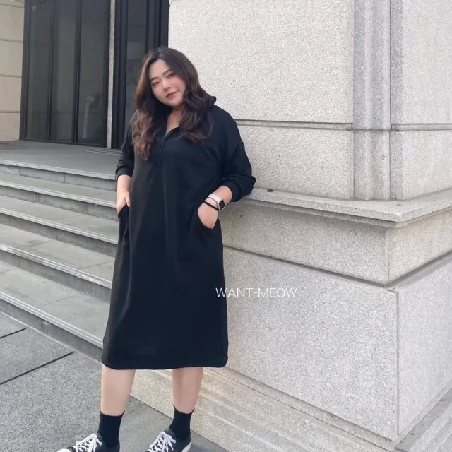 【Want-Meow】90公斤可穿/長袖前排扣大口袋連帽洋裝長洋裝長裙(大碼/大尺碼/加大碼/孕婦裝/連帽洋裝)