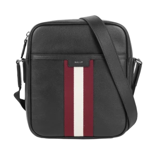 【BALLY】Code 紅白條紋小牛皮斜背包(黑色)