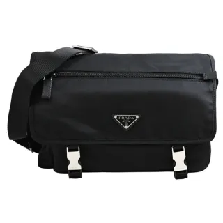 【PRADA 普拉達】經典三角LOGO尼龍翻蓋雙釦拉鍊學院包斜背包(黑)