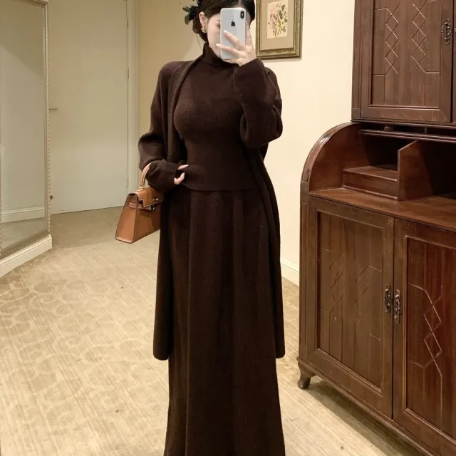 【AS 梨卡】女裝 套裝 連身裙 連身長裙 背心 長裙 外套 針織 冬天套裝 高領背心套裝 ES359