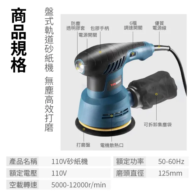 【森森機具】110V圓型砂紙機 5吋8孔 交換禮物(3種套組 6檔調速 砂光機 磨砂機 抛光機)