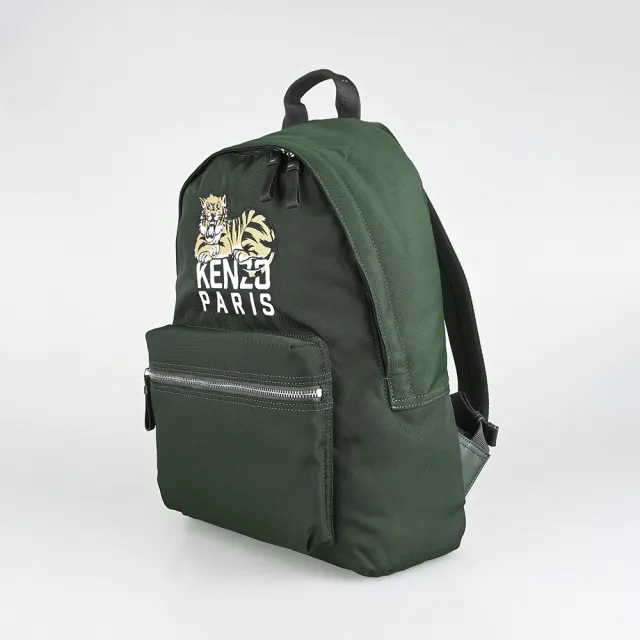 【KENZO】KENZO Happy Tiger系列刺繡LOGO滌綸布快樂老虎圖案拉鍊手提/後背包(展示品/深卡其綠)