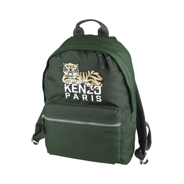 【KENZO】KENZO Happy Tiger系列刺繡LOGO滌綸布快樂老虎圖案拉鍊手提/後背包(展示品/深卡其綠)