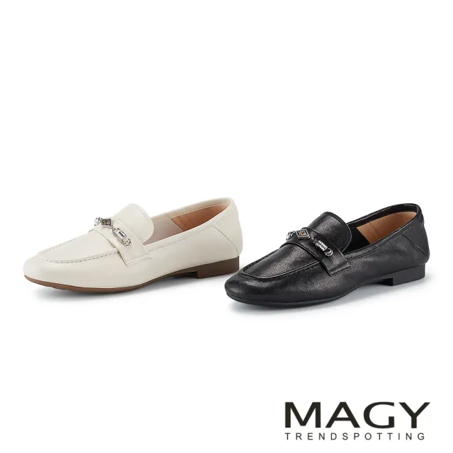 【MAGY】羊皮金飾綴釦優雅百搭平底樂福鞋 米色