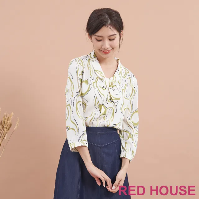 【RED HOUSE 蕾赫斯】水墨抽象領結造型印花上衣(綠色)
