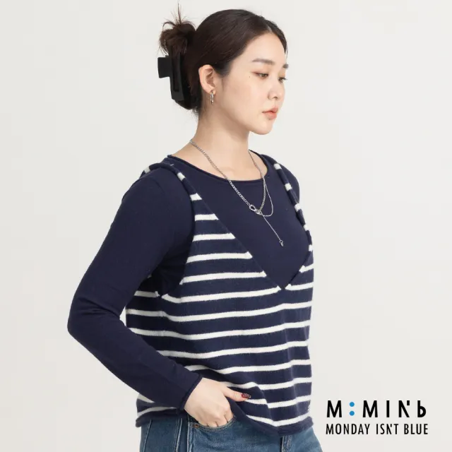 【M：MINb】真兩件船領背心上衣(深藍/中大尺碼女裝/XL女裝/女裝/肉肉女穿搭/兩件/背心/長袖)