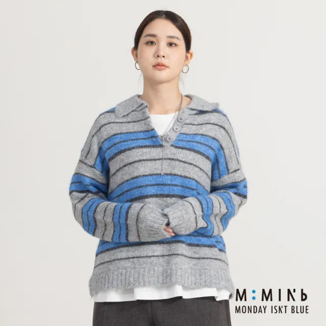 【M：MINb】撞色條紋polo領粗針織毛衣(淺灰/中大尺碼女裝/XL女裝/女裝/肉肉女穿搭/長袖/針織/毛衣)