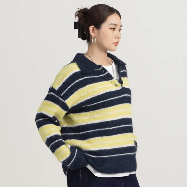 【M：MINb】撞色條紋polo領粗針織毛衣(深藍/中大尺碼女裝/XL女裝/女裝/肉肉女穿搭/長袖/針織/毛衣)