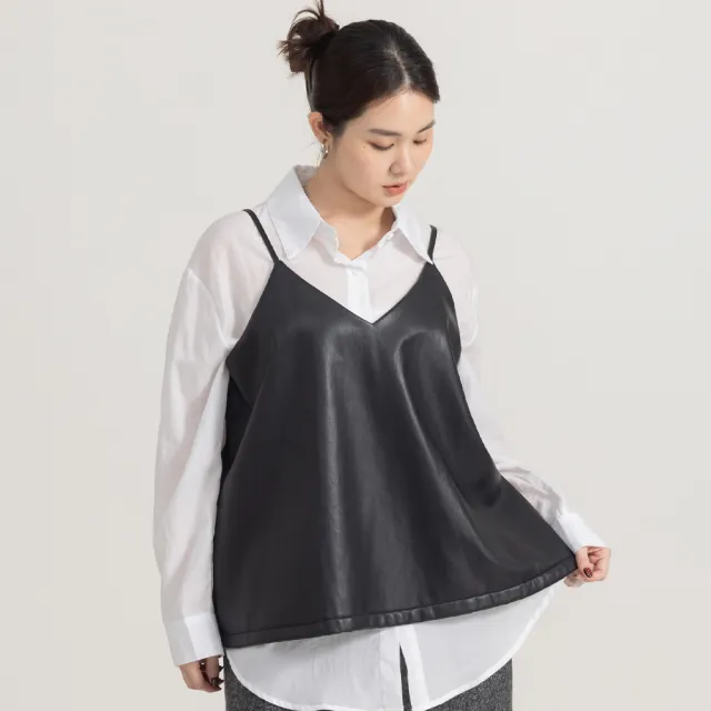 【M：MINb】柔軟仿皮傘狀下擺細肩帶背心(黑色/中大尺碼女裝/XL女裝/女裝/肉肉女穿搭/背心)