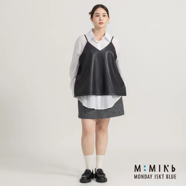 【M：MINb】柔軟仿皮傘狀下擺細肩帶背心(黑色/中大尺碼女裝/XL女裝/女裝/肉肉女穿搭/背心)