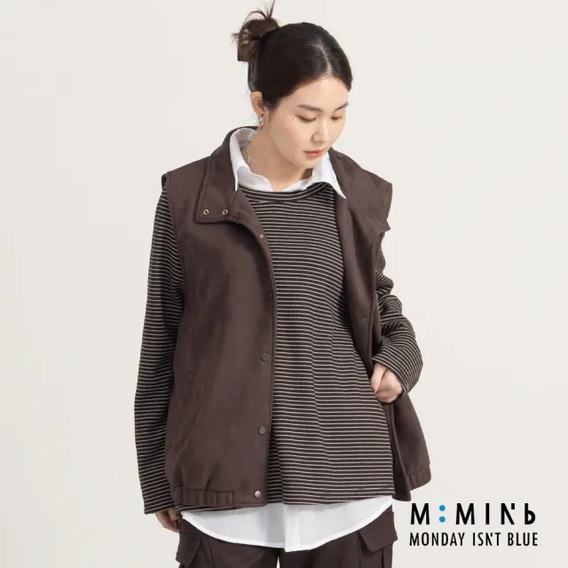 【M：MINb】麂皮背心條紋長袖T恤兩件組(深咖/中大尺碼女裝/XL女裝/女裝/肉肉女穿搭/長袖/T恤)