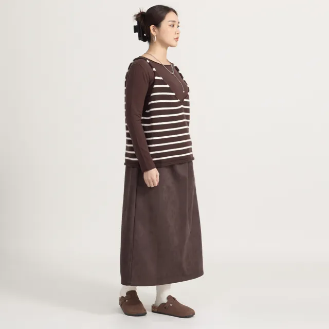 【M：MINb】遮胯必備全腰鬆緊麂皮A字長裙(深咖/中大尺碼女裝/XL女裝/女裝/肉肉女穿搭/A字裙)