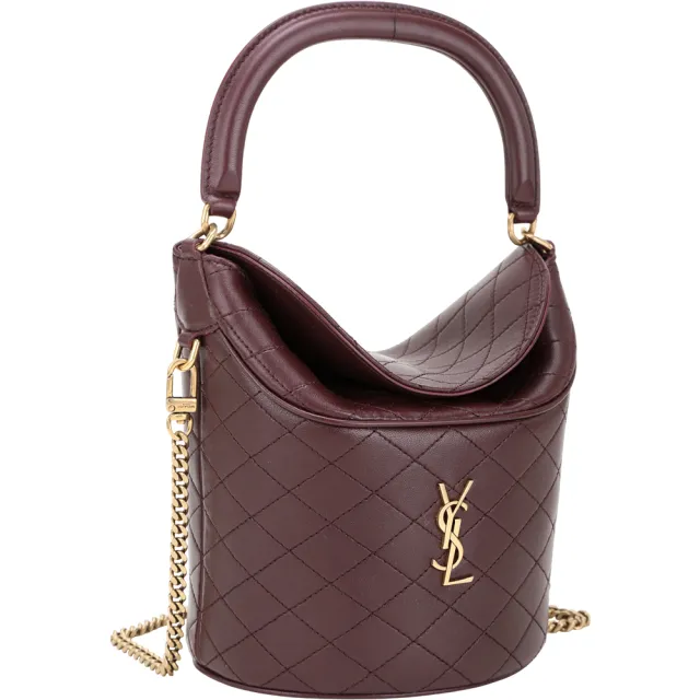 【YSL】Saint Laurent Gaby 菱格絎縫小羊皮半硬挺手提 肩斜背水桶包-酒紅