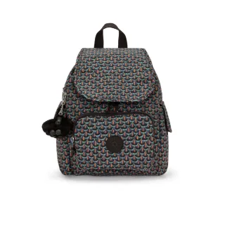 【KIPLING官方旗艦館】『猴子包』幾何印花拉鍊掀蓋後背包-CITY PACK MINI