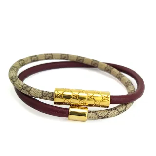 【GUCCI 古馳】GG Supreme帆布搭咖啡色皮革金色雙G雕花雙圈手環