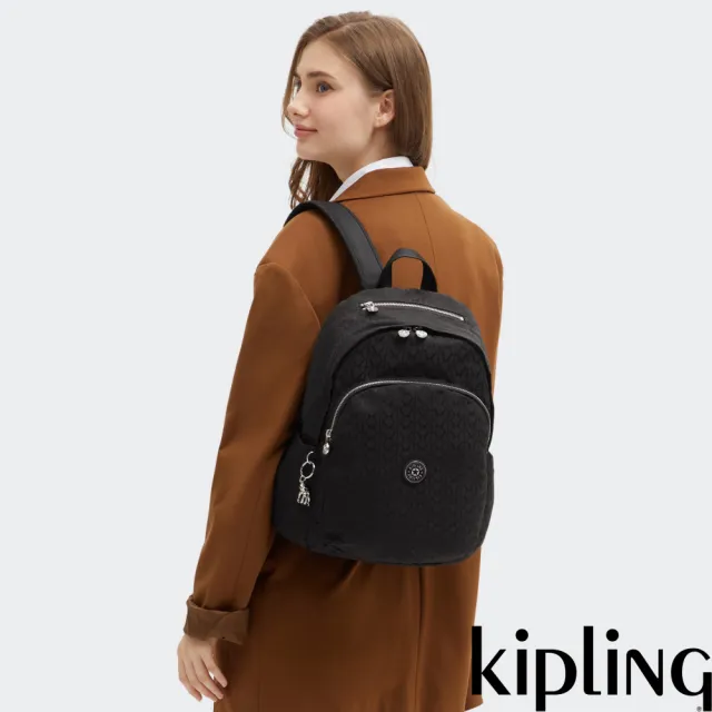 【KIPLING】黑色提花上方拉鍊後背包-DELIA