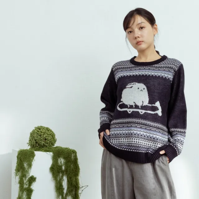 【MOSS CLUB】復古滑板兔圖騰針織上衣(藍 杏/魅力商品)