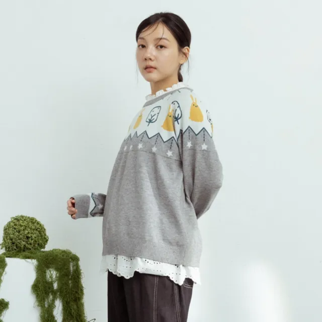 【MOSS CLUB】北歐風森林兔針織上衣(藍 駝 灰/魅力商品)