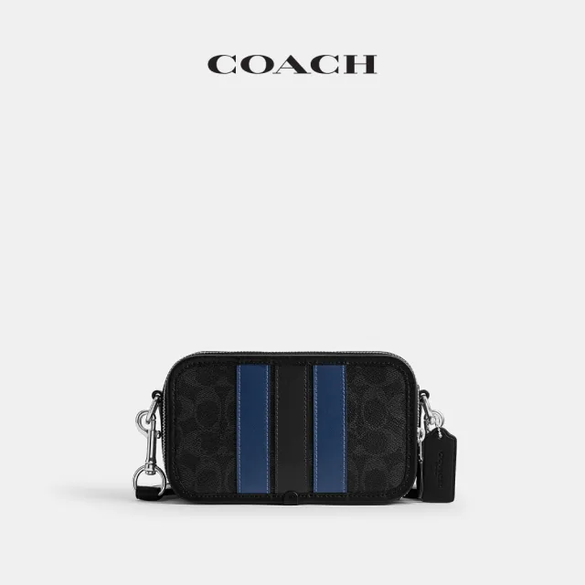 【COACH】蔻馳官方直營 WYATT經典SIGNATURE VARSITY條紋斜背手袋 斜背包-SV/黑色 混合色(CDP86)