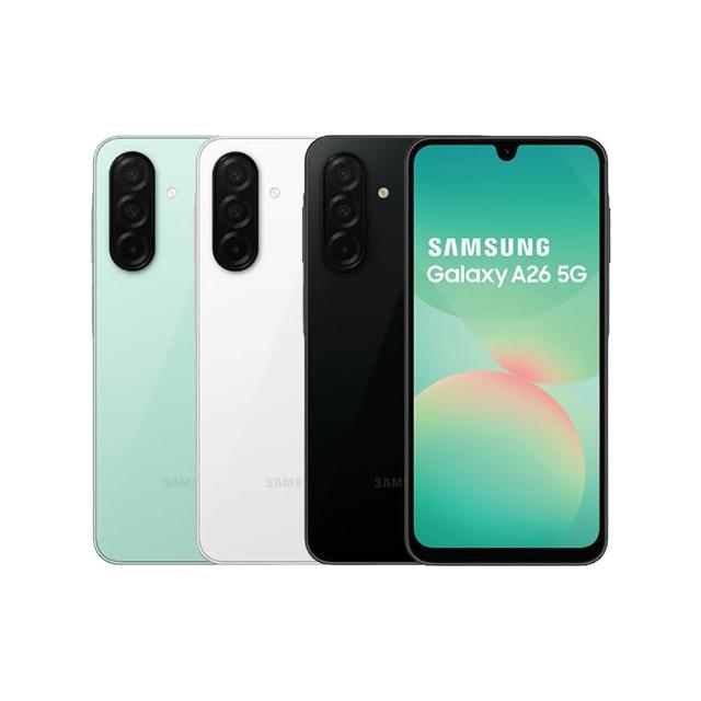SAMSUNG三星 Galaxy A26 搭載6.7吋FHD+解析度(1080 x 2340)超大螢幕，提供細膩視覺體驗。Exynos 1380八核心處理器(最高2.4GHz)，搭配8GB RAM與128GB儲存空間，流暢執行Android系統。後置5000萬畫素主相機+800萬畫素超廣角+200萬畫素微距，前置1300萬畫素自拍鏡頭，捕捉高品質影像。5000mAh大容量電池，支援長效續航，IP67防水防塵設計，適合戶外使用。支援5G全頻段、雙卡雙待、藍芽與多種影片格式播放。顏色選擇：度假綠、深潛黑、浪花白。標準配備C to C充電線、退卡針與快速入門指南。詳細規格請參考SAMSUNG官網。