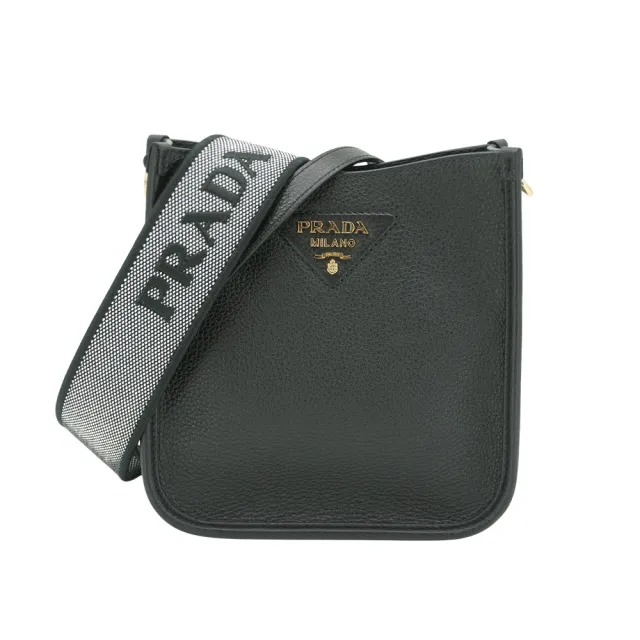 【PRADA 普拉達】金三角浮雕logo牛皮直式斜背包(1BH191-黑)