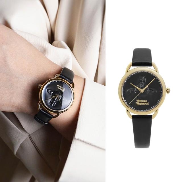 【Vivienne Westwood】金框 黑面 經典LOGO土星 浮雕錶盤設計 黑色皮革錶帶 女錶 手錶 母親節(VV163GDBLK)