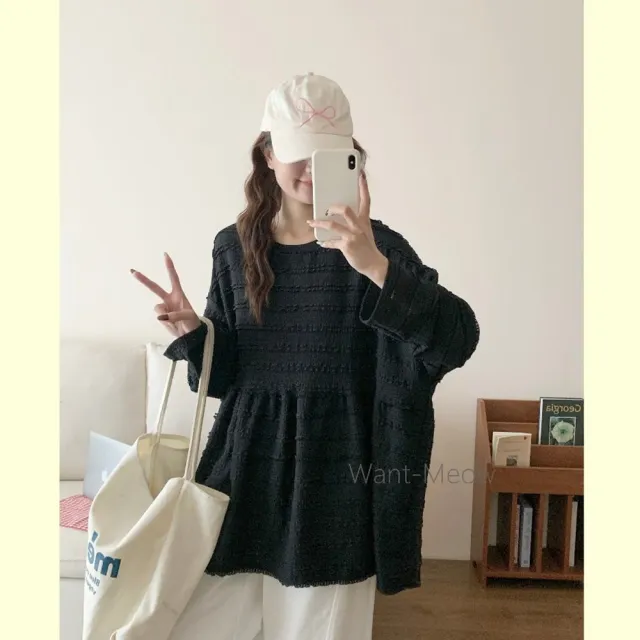 【Want-Meow】100公斤可穿/日系多層次必備壓紋蛋糕剪裁寬鬆上衣大碼/大尺碼/加大碼/長袖上衣)