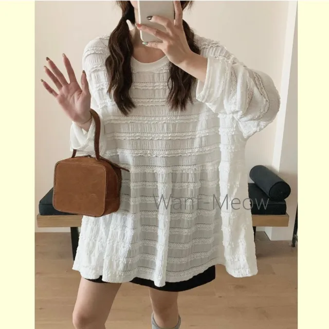 【Want-Meow】100公斤可穿/日系多層次必備壓紋蛋糕剪裁寬鬆上衣大碼/大尺碼/加大碼/長袖上衣)