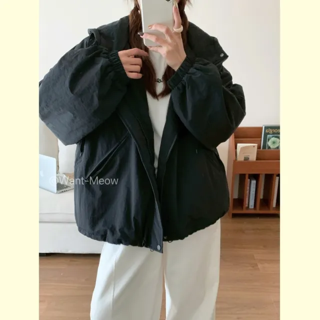 【Want-Meow】100公斤可穿百搭日系簡約鋪棉連帽寬鬆外套(大碼上衣/大碼/大尺碼/連帽外套)