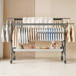 【AOTTO】H型雙桿附輪伸縮升降折疊曬衣架(曬衣架 晾曬架 衣架)